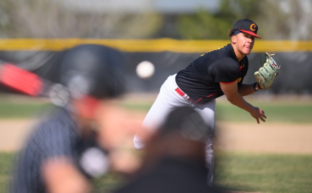 Coronado High School pitcher Trey Gregory-Alford throws during a game at Harrison HIgh School April 9, 2024 in Colorado Springs, Colo. Coronado won 9-1. (Photo by Mark Reis/Special to The Denver Post)