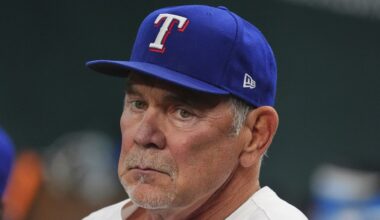 Texas Rangers manager Bruce Bochy sits in the dugout before a baseball game against the Houston Astros, Thursday, May 15, 2025, in Arlington, Texas. (AP Photo/LM Otero)
