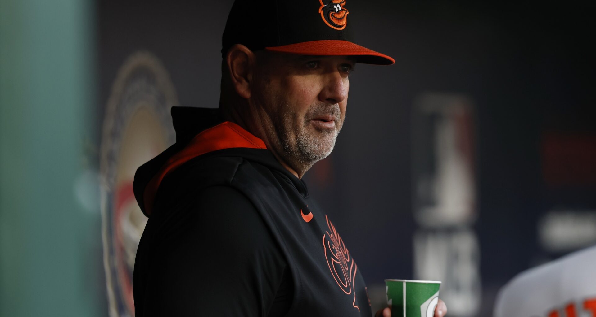 Baltimore Orioles manager Brandon Hyde stands in the dugout prior to the start of the game against the Washington Nationals at Nationals Park.