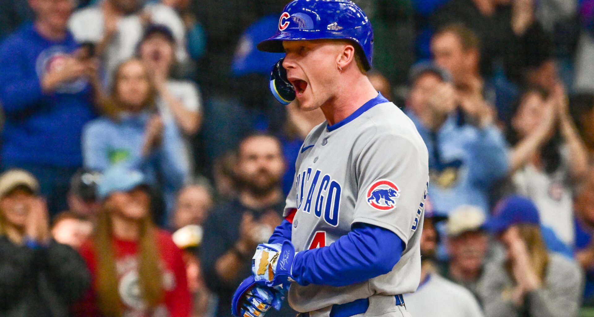 Chicago Cubs center fielder Pete Crow-Armstrong (4) reacts after hitting a 3-run home run against the Milwaukee Brewers in the fourth inning at American Family Field.