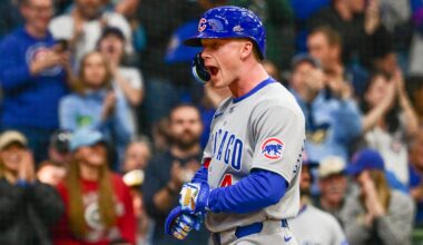 Chicago Cubs center fielder Pete Crow-Armstrong (4) reacts after hitting a 3-run home run against the Milwaukee Brewers in the fourth inning at American Family Field.
