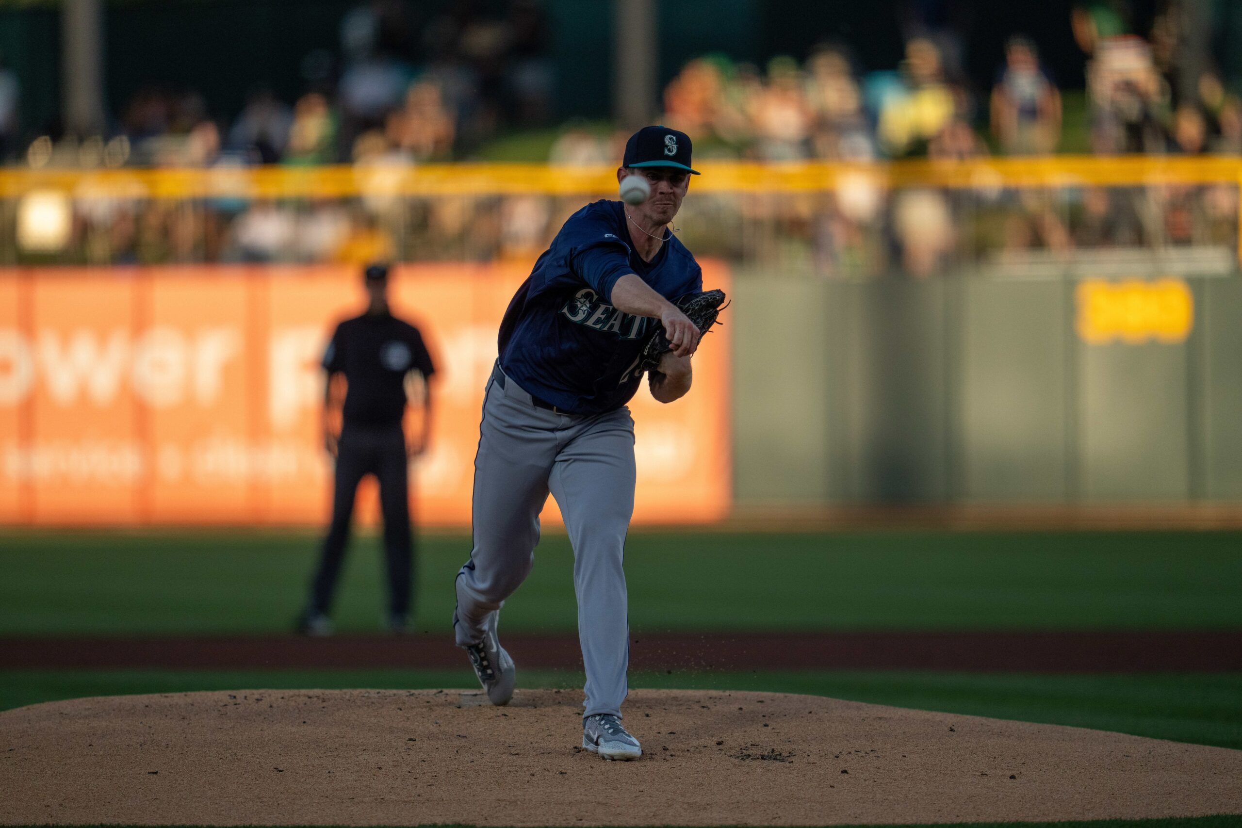 Seattle Mariners pitcher Bryce Miller (50) delivers a pitch against the Athletics during the first inning at Sutter Health Park.