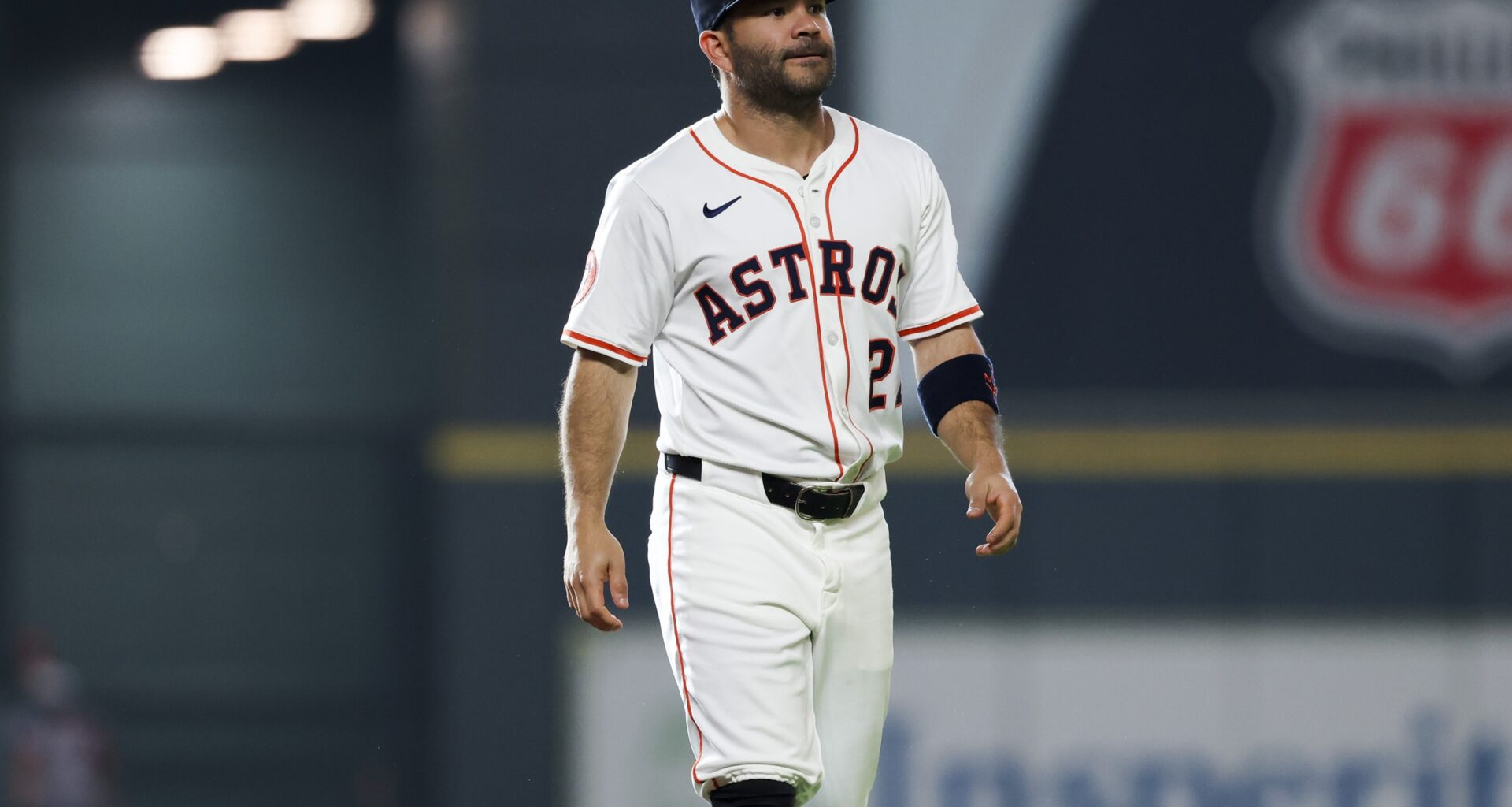 Houston Astros second baseman Jose Altuve (27) walks on the field before the game against the Cincinnati Reds at Daikin Park.
