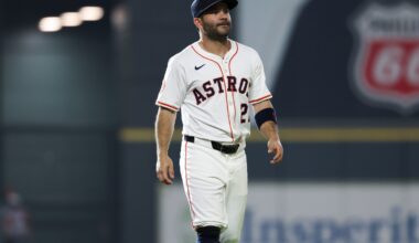 Houston Astros second baseman Jose Altuve (27) walks on the field before the game against the Cincinnati Reds at Daikin Park.