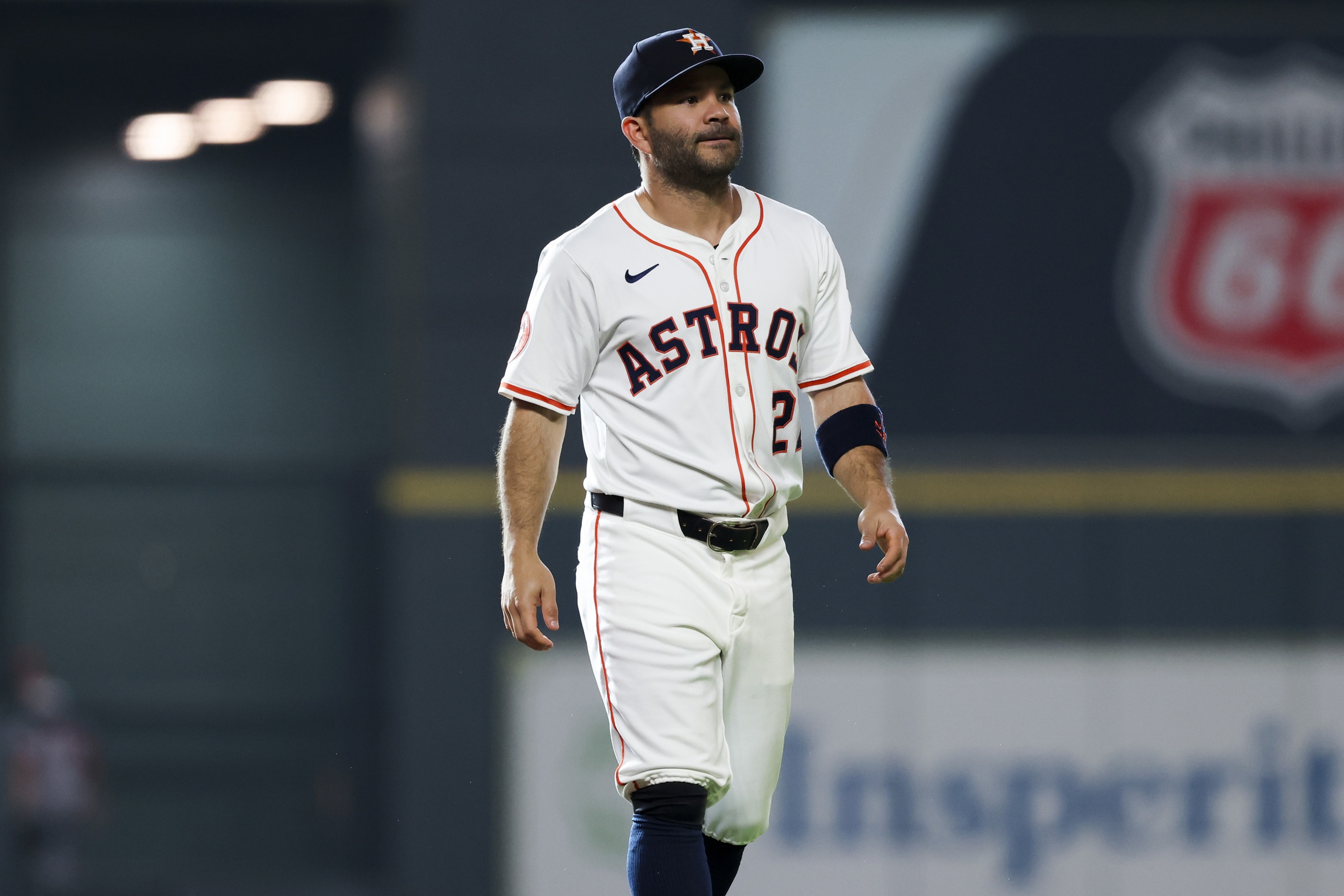Houston Astros second baseman Jose Altuve (27) walks on the field before the game against the Cincinnati Reds at Daikin Park.