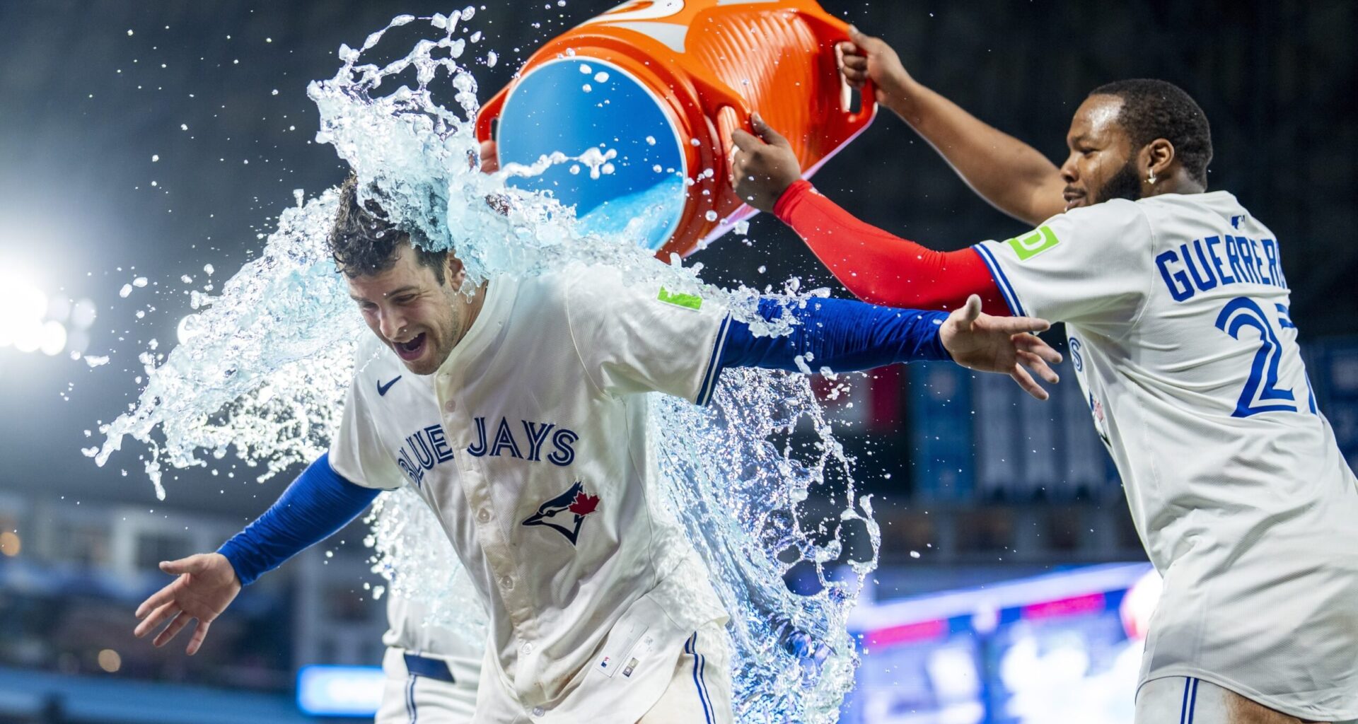 Ernie Clement (left) delivered a walk-off hit for the Blue Jays on Saturday.