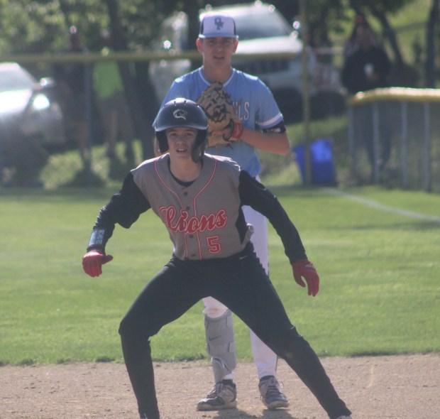 Lackawanna Trail's Ashton Thiel leads off first base against Old Forge in a District 2 Class 2A quarterfinal. KEVIN MCCONLOGUE / STAFF PHOTO