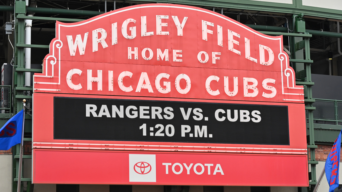 The marquee is seen prior to a game between the Texas Rangers and Chicago Cubs at Wrigley Field.