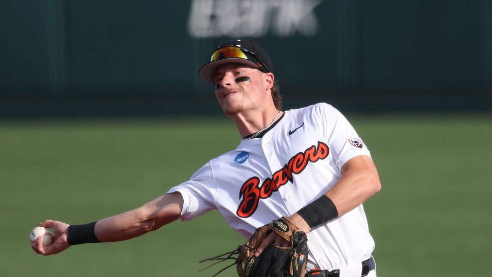 FILE - Oregon State infielder Travis Bazzana plays during an NCAA regional baseball game...