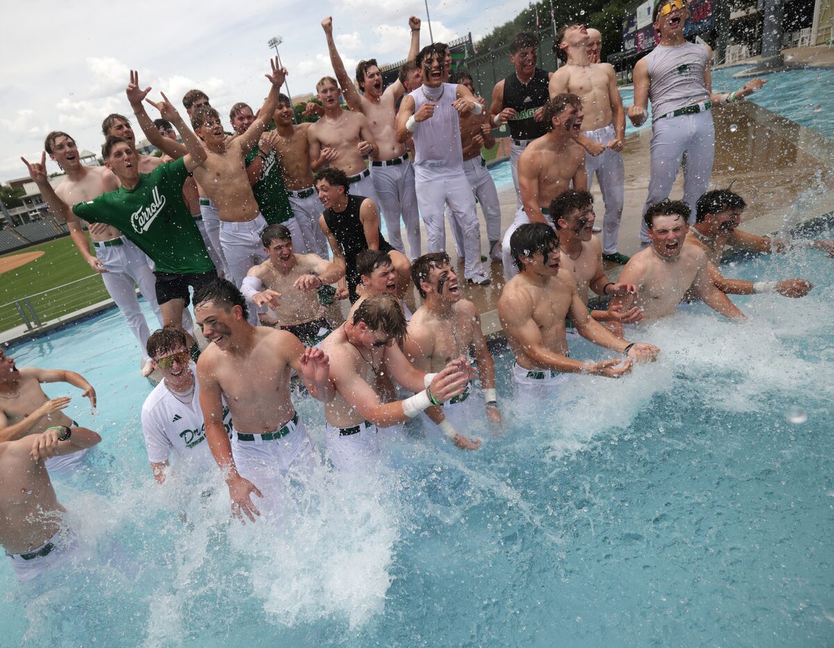 Southlake players celebrate after winning the UIL Baseball playoffs between Frenship High...
