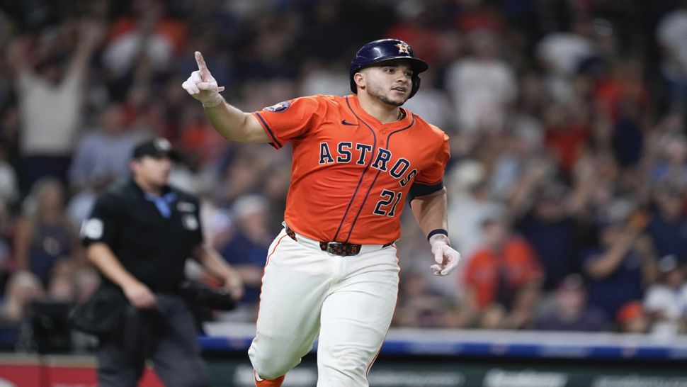 Houston catcher Yainer Diaz reacts after hitting the game-winning home run against Tampa Bay during the ninth inning on Friday night.
