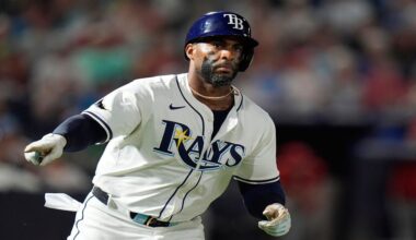 Tampa Bay Rays' Yandy Díaz celebrates his three-run home run off Philadelphia Phillies pitcher Tanner Banks during the seventh inning of a baseball game Thursday, May 8, 2025, in Tampa, Fla. (AP Photo/Chris O'Meara)