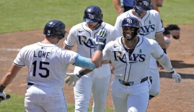 Tampa Bay designated hitter Yandy Diaz celebrates with teammates after hitting a three-run home run in the eighth inning on Wednesday.
