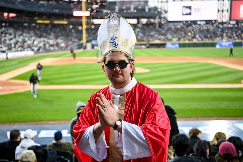A Chicago White Sox fan dressed in papal attire for the team's game against Miami Marlins at Rate Field, Chicago. Photograph: Abigail Dean/Getty Images