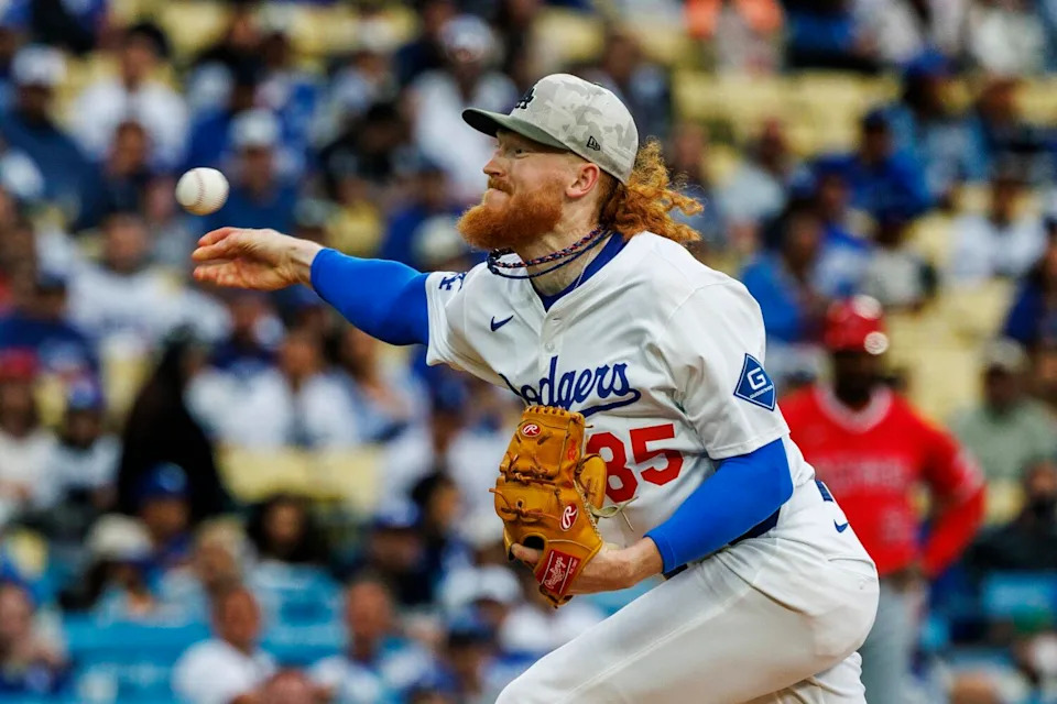 Dodgers pitcher Dustin May delivers against the Angels in the first inning Friday.