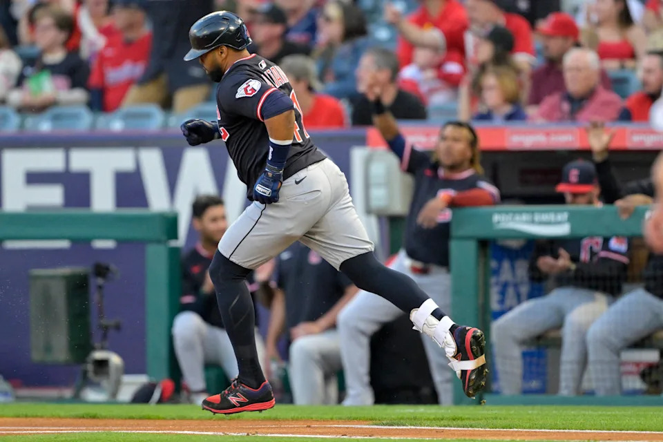 Guardians first baseman Carlos Santana rounds the bases on a first-inning solo home run against the Angels, April 5, 2025, in Anaheim.