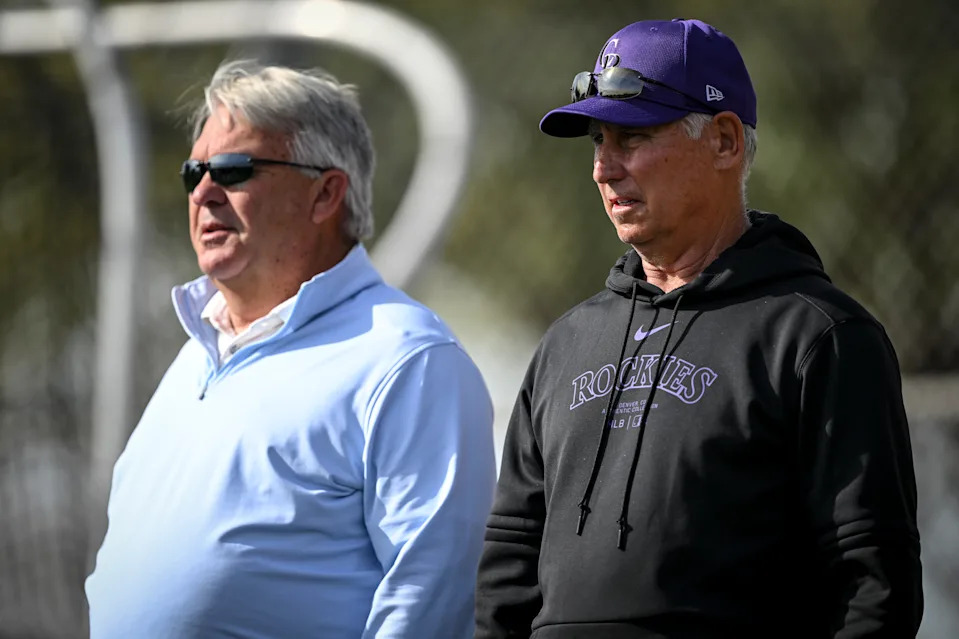 SCOTTSDALE , AZ - FEBRUARY 23: Colorado Rockies general manager Bill Schmidt and manager Bud Black watch outfielders and infielders perform drills during Spring Training at Salt River Fields in Scottsdale, Arizona on Friday, February 23, 2024. (Photo by AAron Ontiveroz/The Denver Post)