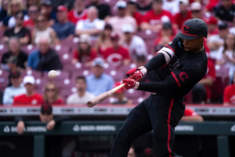 Cincinnati Reds outfielder Will Benson (30) hits a 3-run home run in the second inning of the MLB game between Cincinnati Reds and Cleveland Guardians at Great American Ball Park in Cincinnati on Friday, May 16, 2025.