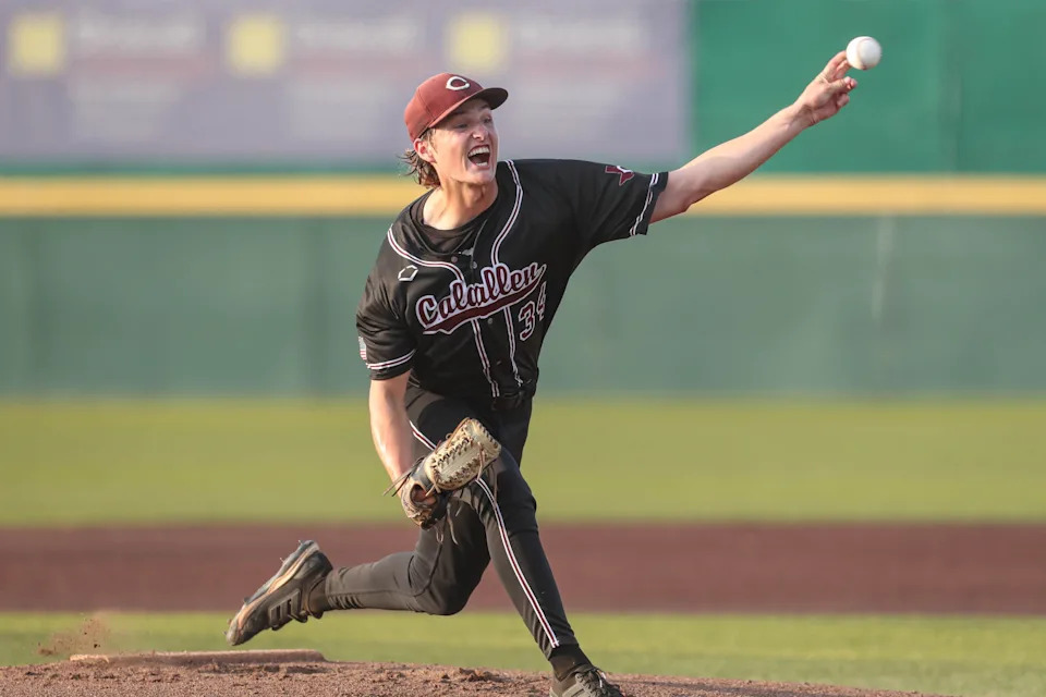 Calallen’s Collier Carroll pitches during the regional final against Tuloso-Midway on May 23, 2025, at Cabaniss Stadium in Corpus Christi.