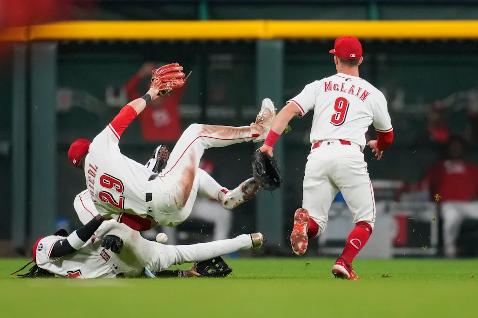 Reds centerfielder TJ Friedl and shortstop Elly De La Cruz collide going after a shallow fly to center in the fourth inning Tuesday night against the White Sox. Friedl was injured on the play and was to have an MRI on his right wrist Wednesday.