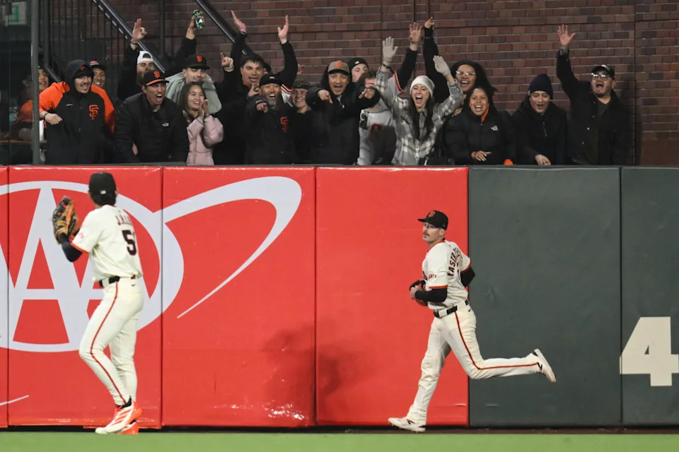 San Francisco Giants right fielder Mike Yastrzemski (5) against the Colorado Rockies in the ninth inning at Oracle Park.Eakin Howard-Imagn Images