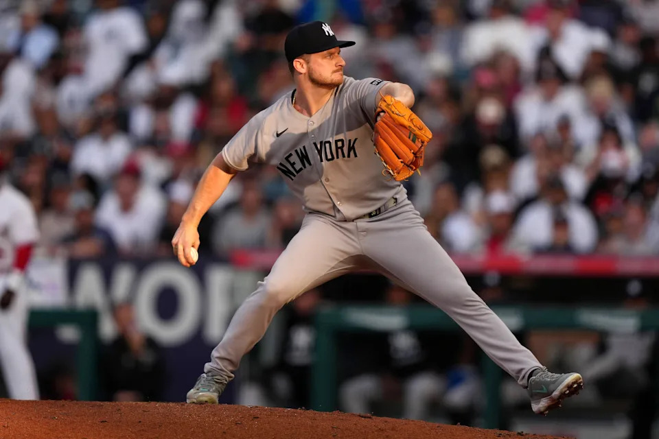 May 28, 2025; Anaheim, California, USA; New York Yankees starting pitcher Clarke Schmidt (36) throws in the first inning against the Los Angeles Angels at Angel Stadium. Mandatory Credit: Kirby Lee-Imagn Images