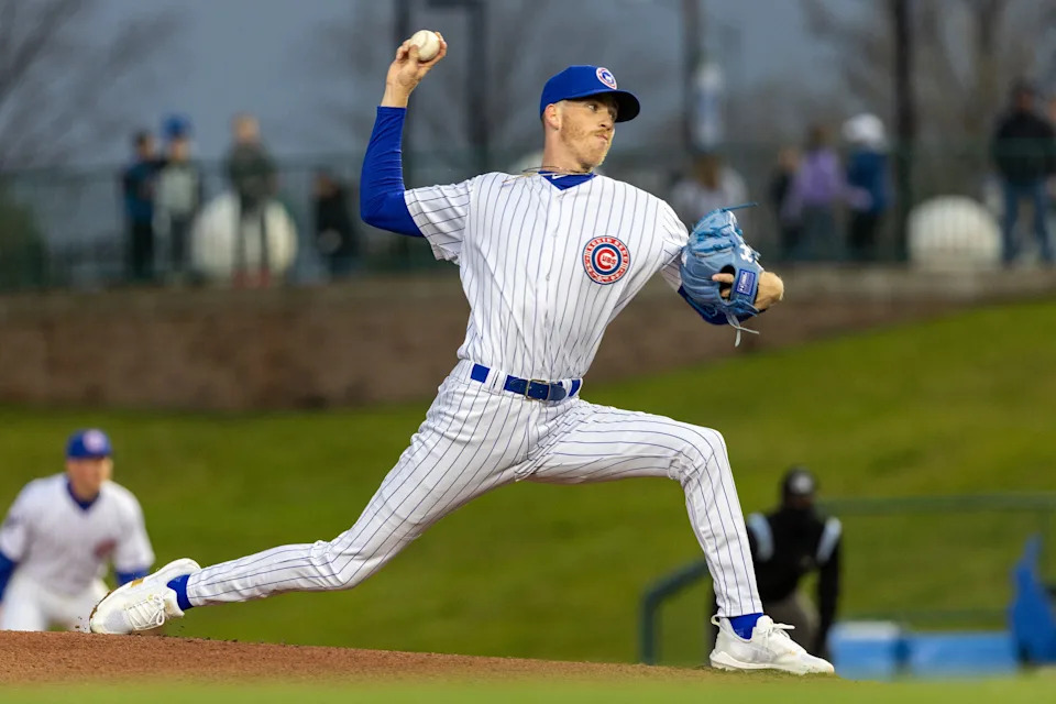South Bend Cubs pitcher Kohl Franklin (16) delivers pitch in the first inning during the South Bend Cubs-Beloit Sky Carp baseball game on Friday, April 22, 2022, at Four Winds Field in South Bend, Indiana.