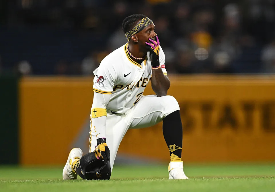PITTSBURGH, PENNSYLVANIA - APRIL 30: Andrew McCutchen #22 of the Pittsburgh Pirates looks on after a fan fell from the stands during the seventh inning against the Chicago Cubs at PNC Park on April 30, 2025 in Pittsburgh, Pennsylvania. (Photo by Joe Sargent/Getty Images)