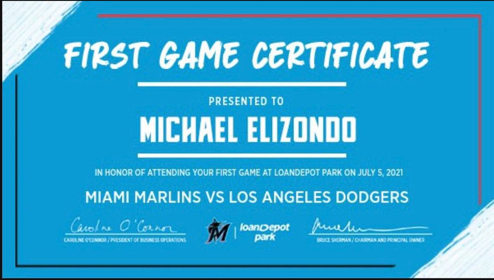 First Game Certificate. loanDepot Park.
