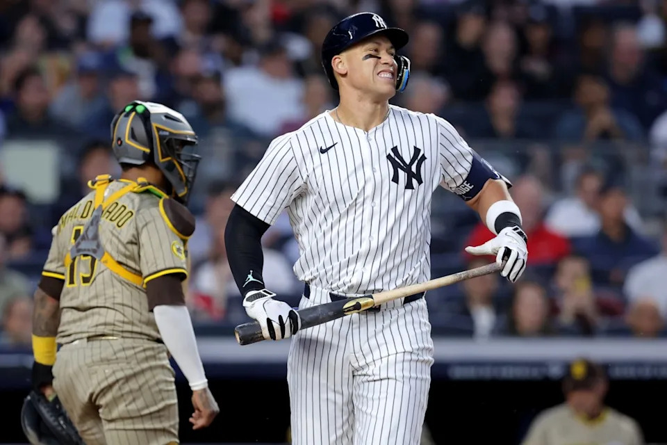 New York Yankees outfielder Aaron Judge reacts to striking out against the San Diego Padres on May 7, 2025 at Yankee Stadium. © Brad Penner-Imagn Images
