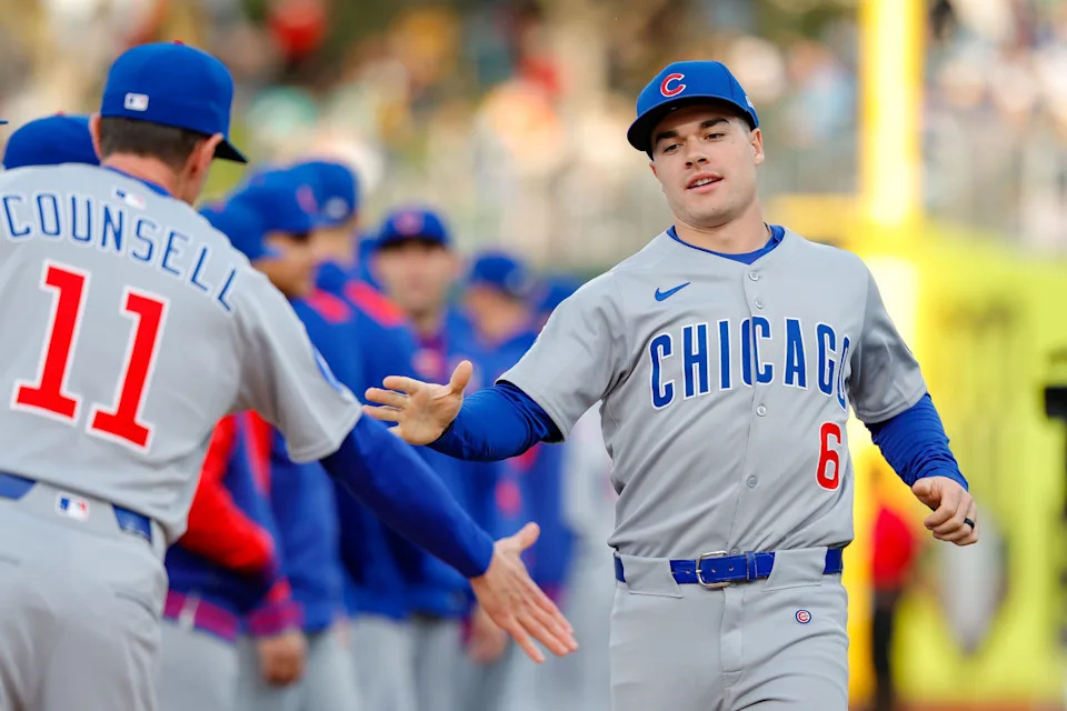 Mar 31, 2025; West Sacramento, California, USA; Chicago Cubs second base Matt Shaw (6) before the game against the Athletics at Sutter Health Park. Mandatory Credit: Sergio Estrada-Imagn Images