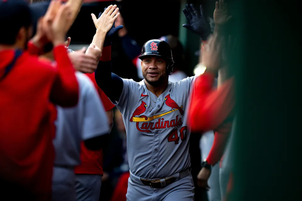 St. Louis Cardinals first baseman Willson Contreras (40) high fives teammates after hitting a 3-run home run in the first inning of the MLB game between Cincinnati Reds and St. Louis Cardinals at Great American Ball Park in Cincinnati on Wednesday, April 30, 2025.
