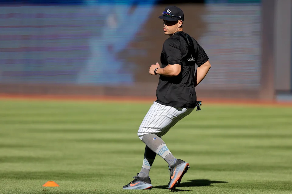 May 20, 2025; Bronx, New York, USA; New York Yankees injured designated hitter Giancarlo Stanton works out before a game against the Texas Rangers at Yankee Stadium.