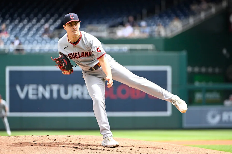 May 7, 2025; Washington, District of Columbia, USA; Cleveland Guardians starting pitcher Logan Allen (26) throws to the Washington Nationals during the first inning at Nationals Park. Mandatory Credit: Brad Mills-Imagn Images