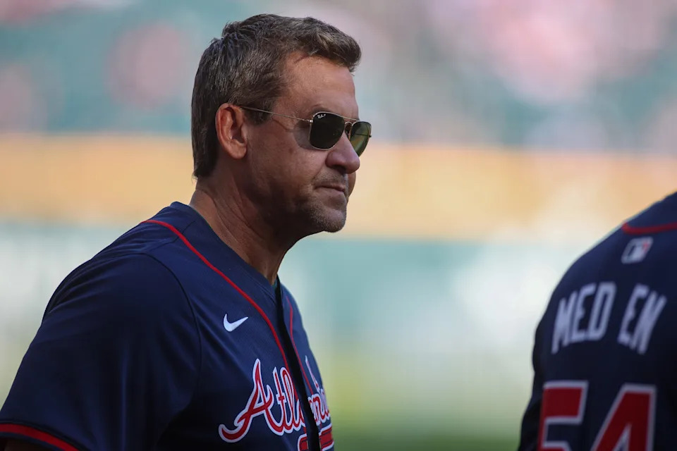 Aug 24, 2024; Atlanta, Georgia, USA; Former Atlanta Braves second baseman Bret Boone (24) competes in a home run derby before a game against the Washington Nationals at Truist Park. Mandatory Credit: Brett Davis-USA TODAY Sports