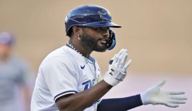 Tampa Bay Rays' Junior Caminero celebrates after his three-run home run off Toronto Blue Jays pitcher José Berríos during the first inning of a baseball game Saturday, May 24, 2025, in Tampa, Fla. (AP Photo/Chris O'Meara)