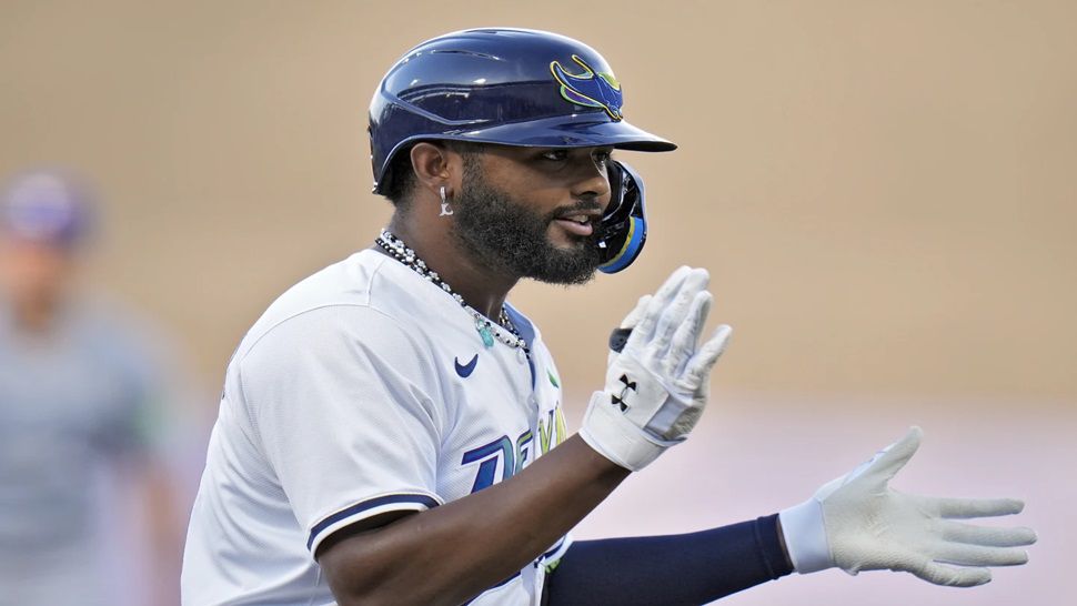 Tampa Bay Rays' Junior Caminero celebrates after his three-run home run off Toronto Blue Jays pitcher José Berríos during the first inning of a baseball game Saturday, May 24, 2025, in Tampa, Fla. (AP Photo/Chris O'Meara)