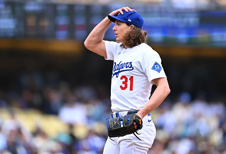 Los Angeles Dodgers pitcher Tyler Glasnow (31) reacts after a pitch during the first inning against the Pittsburgh Pirates at Dodger Stadium.Jonathan Hui-Imagn Images