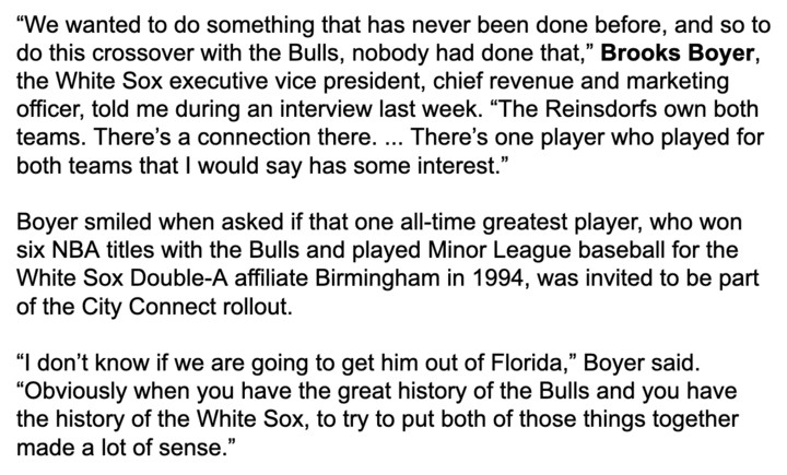 Brook Boyers statement on the City Connect jerseys, talking about Reinsdorf owning both teams and teasing us about Michael Jordan maybe wearing it. 
