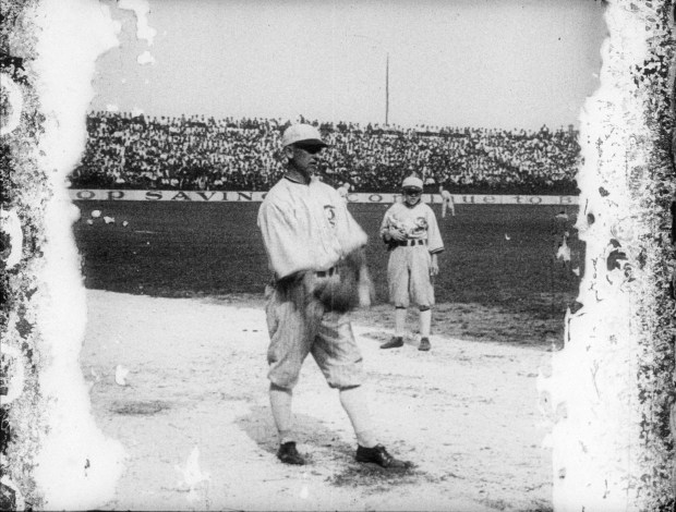 A frame grab from newsreel footage shows the 1919 World Series between the Chicago White Sox and Cincinnati Reds. (Library and Archives Canada)