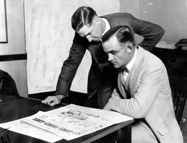 Arnold "Chick" Gandil, right, who told of paying Detroit pitchers for losing games, and Charles "Swede" Risberg, former teammate, during the Black Sox trial in 1921. Editors note: this historic print has a hand painted background. (Chicago Tribune historical photo) 