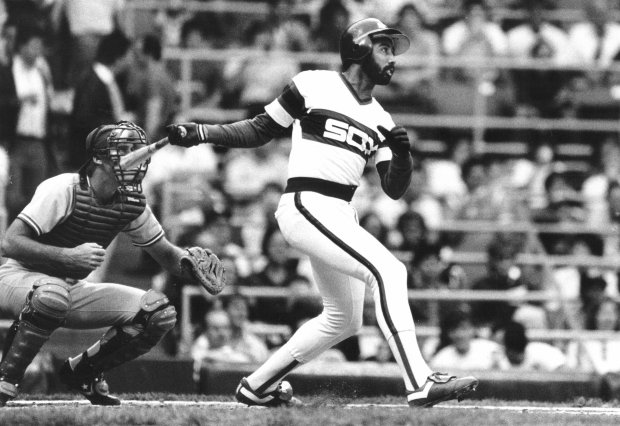 Harold Baines rips a double off Kansas City's Charlie Leibrandt to drive in a run for the Sox in the first inning on May 16, 1986, during a White Sox 4-2 victory (Bob Langer/Chicago Tribune)
