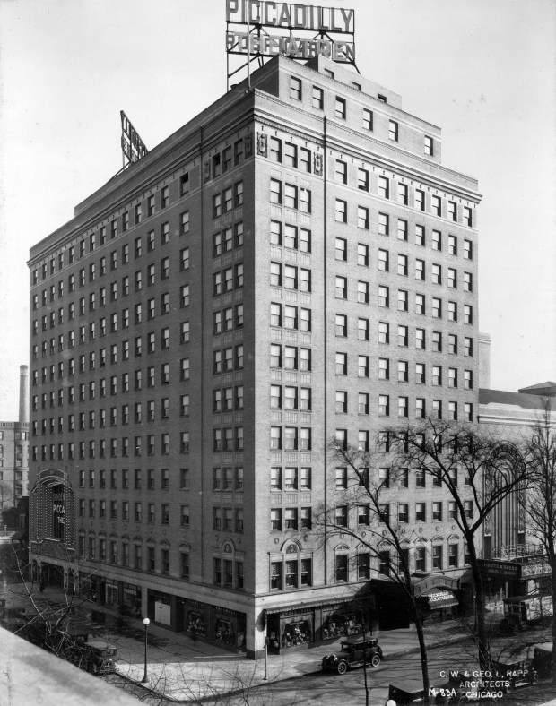 An exterior view shows the Piccadilly Hotel and Theatre in Chicago's Hyde Park neighborhood. After World War II, many players' in-season homes were in South Side hotels, including the Piccadilly Hotel, which was on Blackstone Avenue. (C.W. and George L. Rapp/Chicago History Museum ICHi-051013)