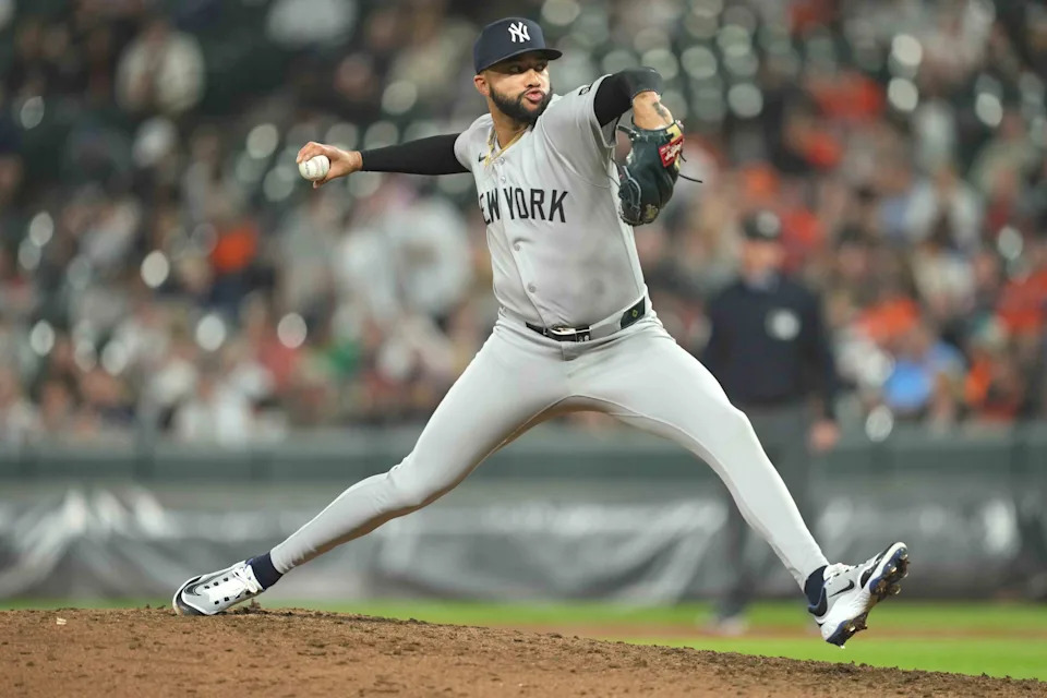 Apr 28, 2025; Baltimore, Maryland, USA; New York Yankees pitcher Devin Williams (38) pitches in the eighth inning against the Baltimore Orioles at Oriole Park at Camden Yards. Mandatory Credit: Mitch Stringer-Imagn Images