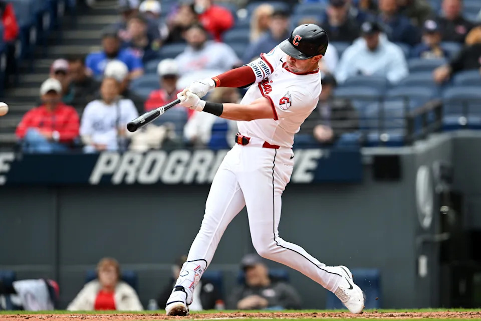 Cleveland Guardians' Nolan Jones hits a single against the Los Angeles Dodgers on May 28, 2025, in Cleveland, Ohio.