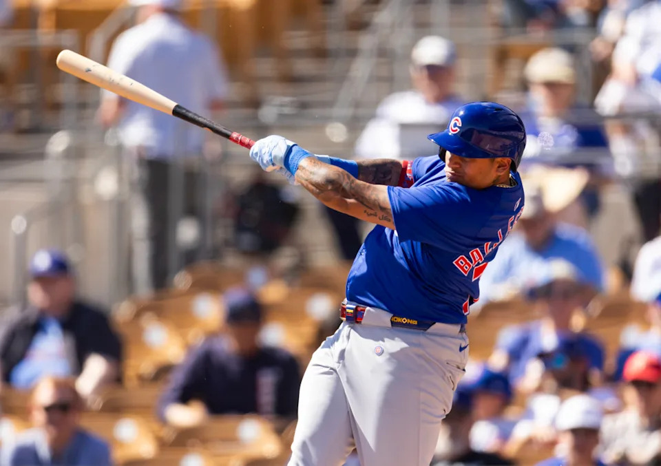 Feb 20, 2025; Phoenix, Arizona, USA; Chicago Cubs designated hitter Moises Ballesteros against the Los Angeles Dodgers during a spring training game at Camelback Ranch-Glendale.Mark J&period; Rebilas-Imagn Images