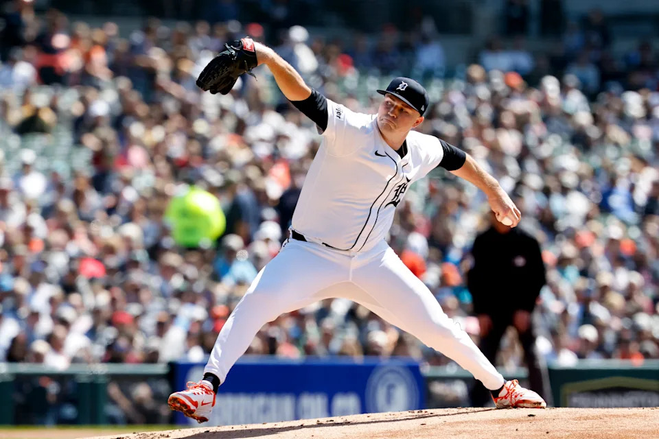 Detroit Tigers pitcher Tarik Skubal (29) pitches first inning against the Cleveland Guardians at Comerica Park in Detroit on Sunday, May 25, 2025.