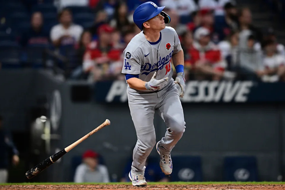 Los Angeles Dodgers catcher Will Smith watches his solo home run off Cleveland Guardians relief pitcher Joey Cantillo during the ninth inning of a baseball game, Monday, May 26, 2025, in Cleveland. (AP Photo/David Dermer)