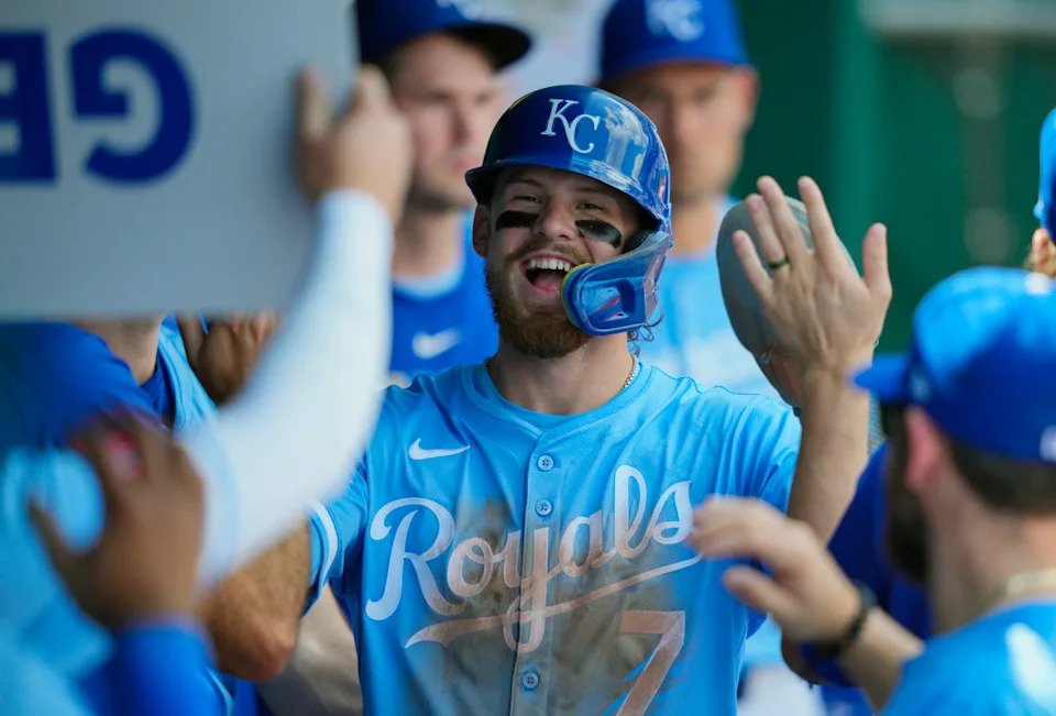 Kansas City Royals superstar Bobby Witt Jr. celebrates with teammates at Kauffman Stadium on May 8.Jay Biggerstaff-Imagn Images