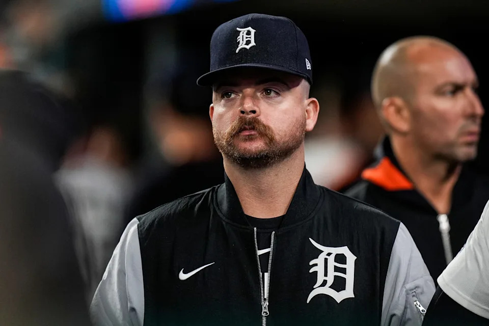 Detroit Tigers catcher Jake Rogers watches a play against Kansas City Royals from the dugout at Comerica Park in Detroit on Thursday, April 17, 2025.